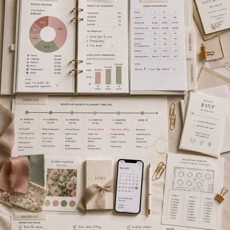 Wedding planning laid out in detail, from budget and guest list to vendor comparison and seating